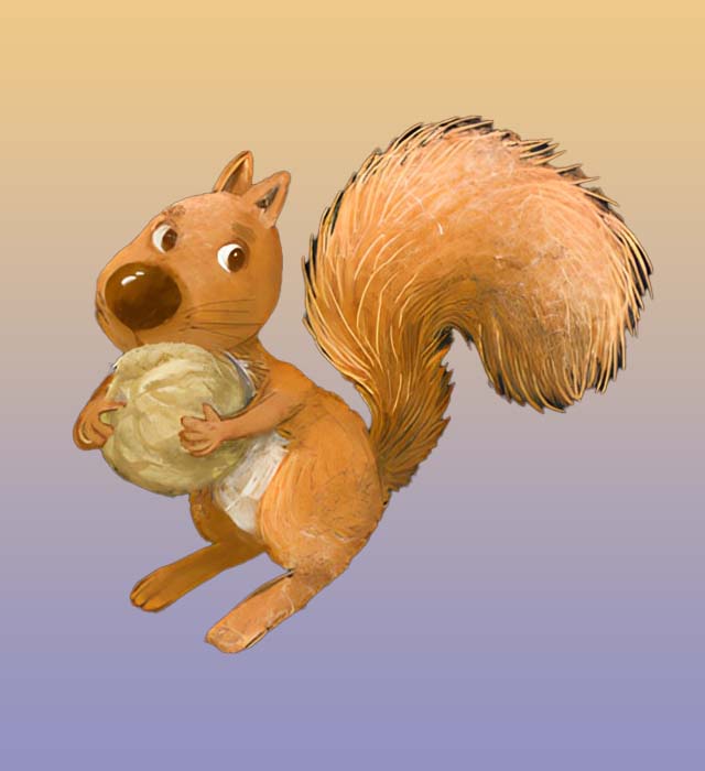 Pete the Squirrel holding a walnut