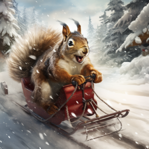 Pete the Squirrel riding a sleigh