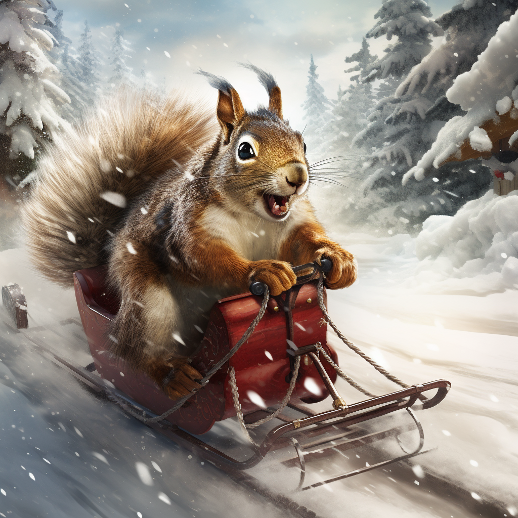 Pete the Squirrel riding in a one hores open sleigh