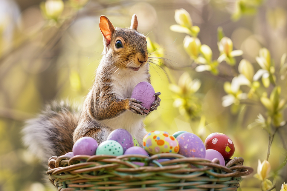 Pete The Squirrel perched atop an basket of colorful Easter Eggs