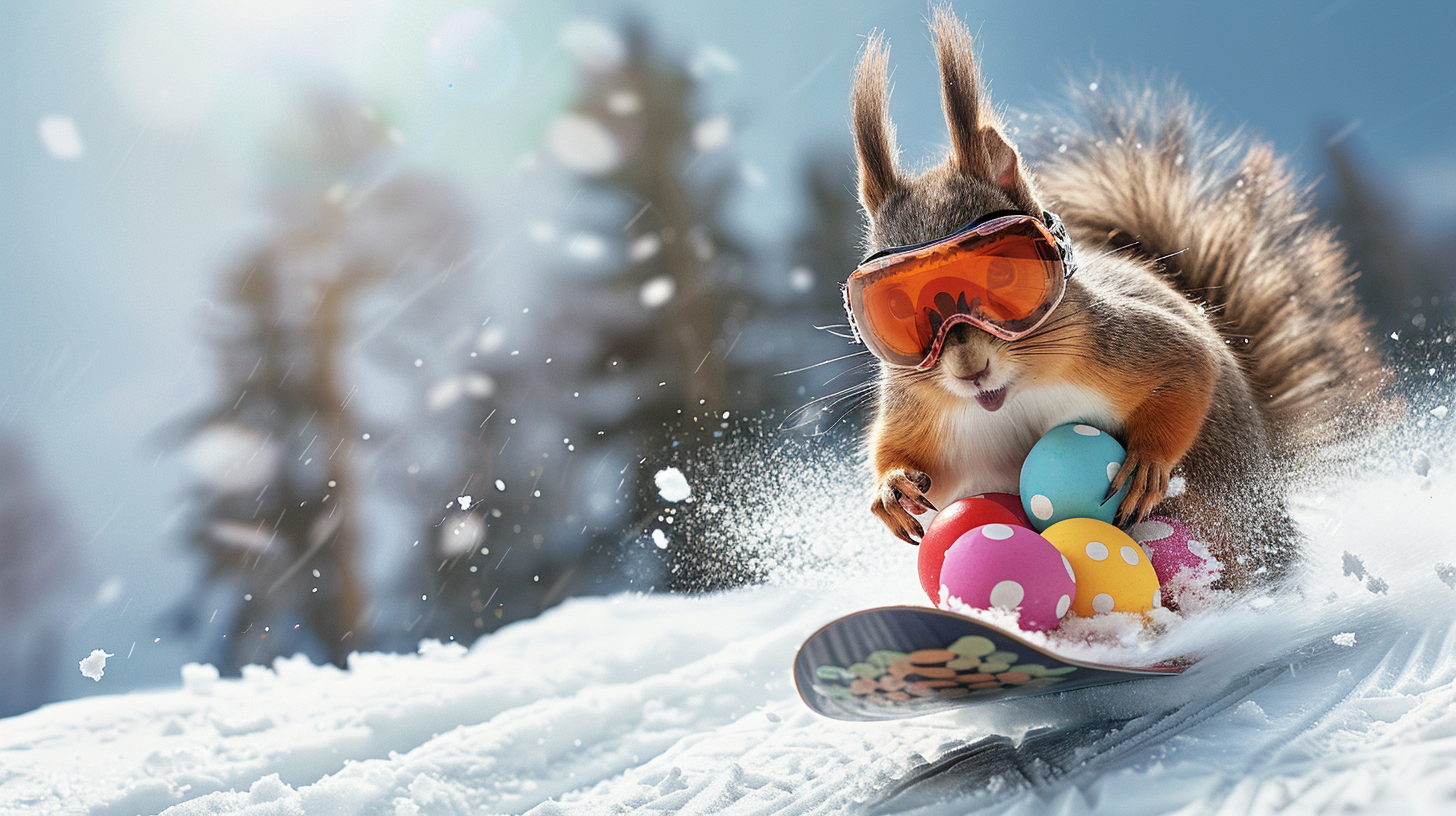 Pete The Squirrel snowboarding with Easter eggs