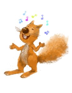Pete the Squirrel, wearing headsets, grooving to music