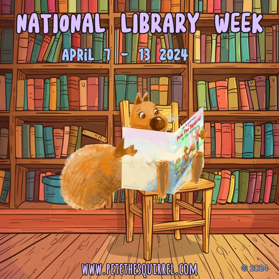 PETE THE SQUIRREL reads a book at the library