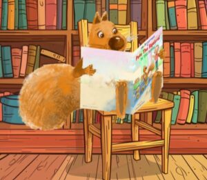 Pete The Squirrel reads a book at the local library