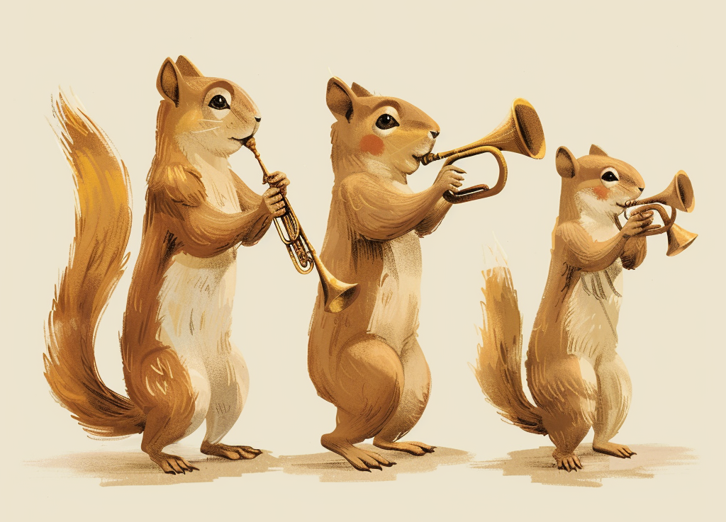 3 Squirrels playing trumpets to announce pete's new website