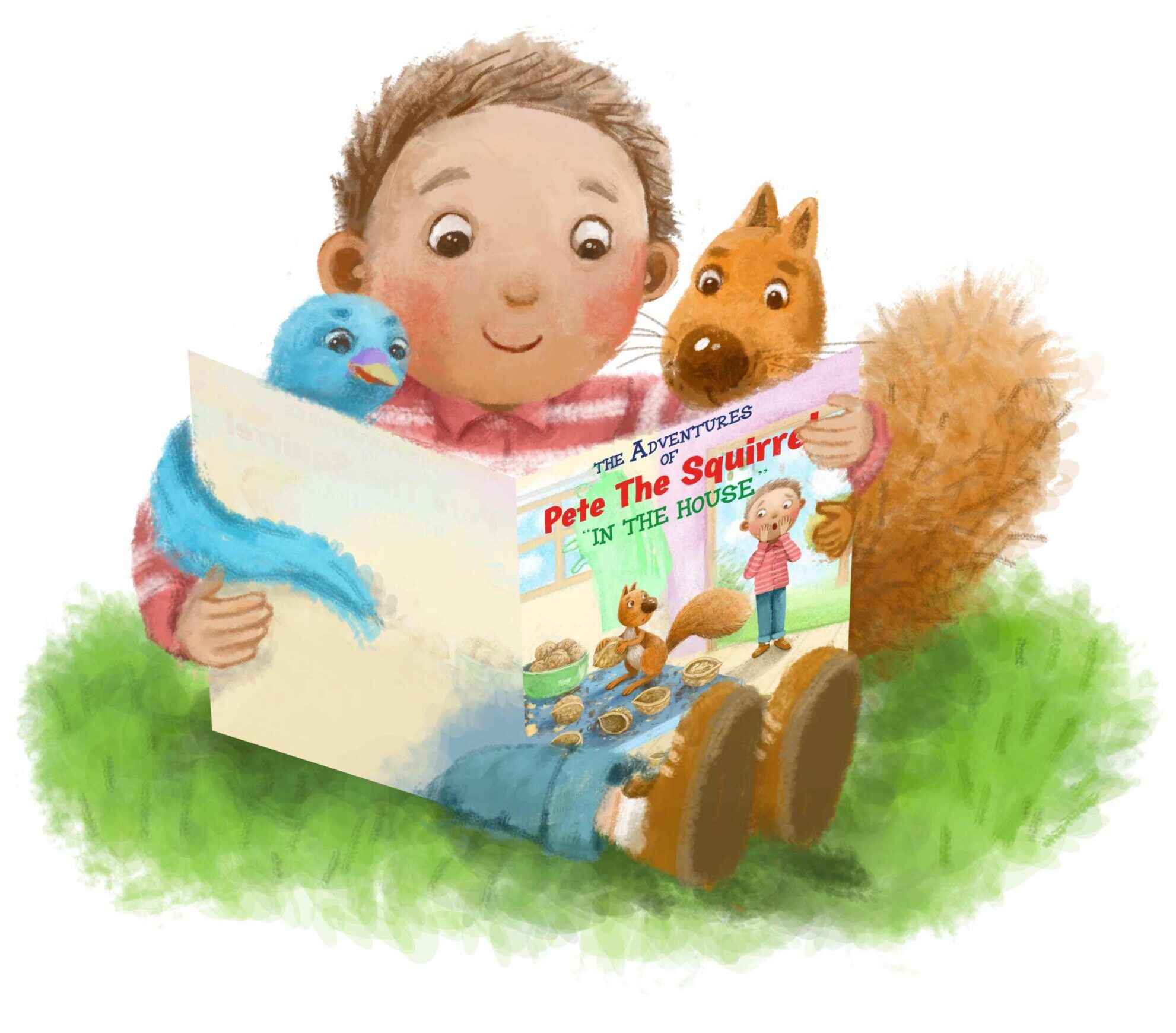 Pete The Squirrel with friends Andy and Betty Blue Jay reading THE ADVENTURES OF PETE THE SQUIRREL