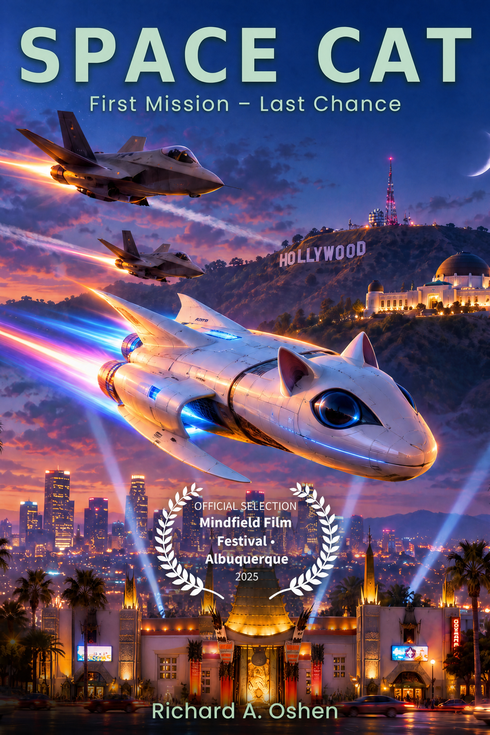 SPACE CATS SHIP PURSUED BY JET FIGHTERS OVER HOLLYWOOD