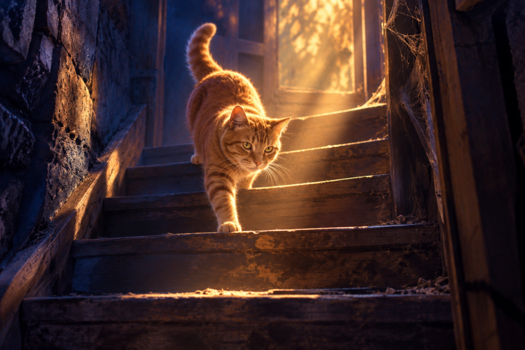 My cat Billy scamper downstairs into the cellar