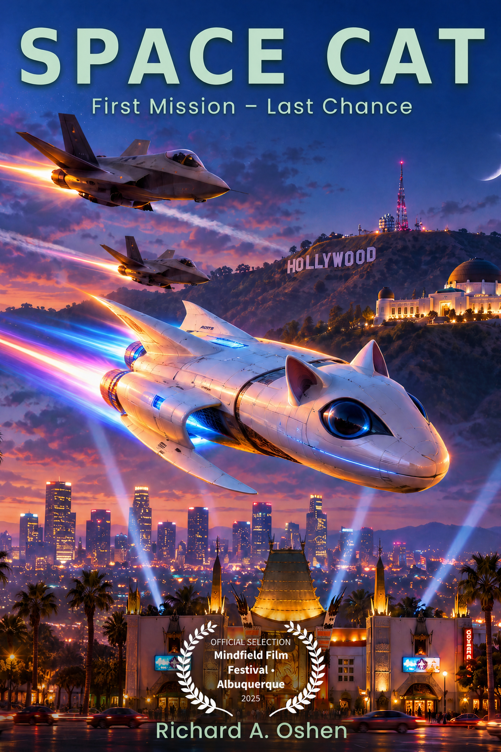space cat flying over hollywood